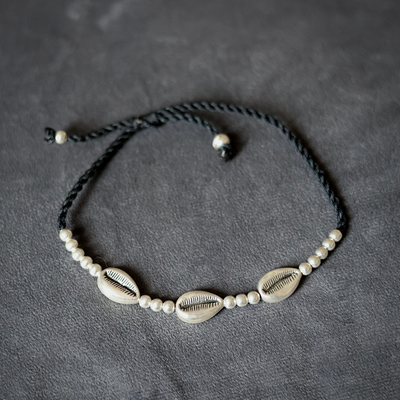 Tri-Silver Cowrie Black Thread Anklet