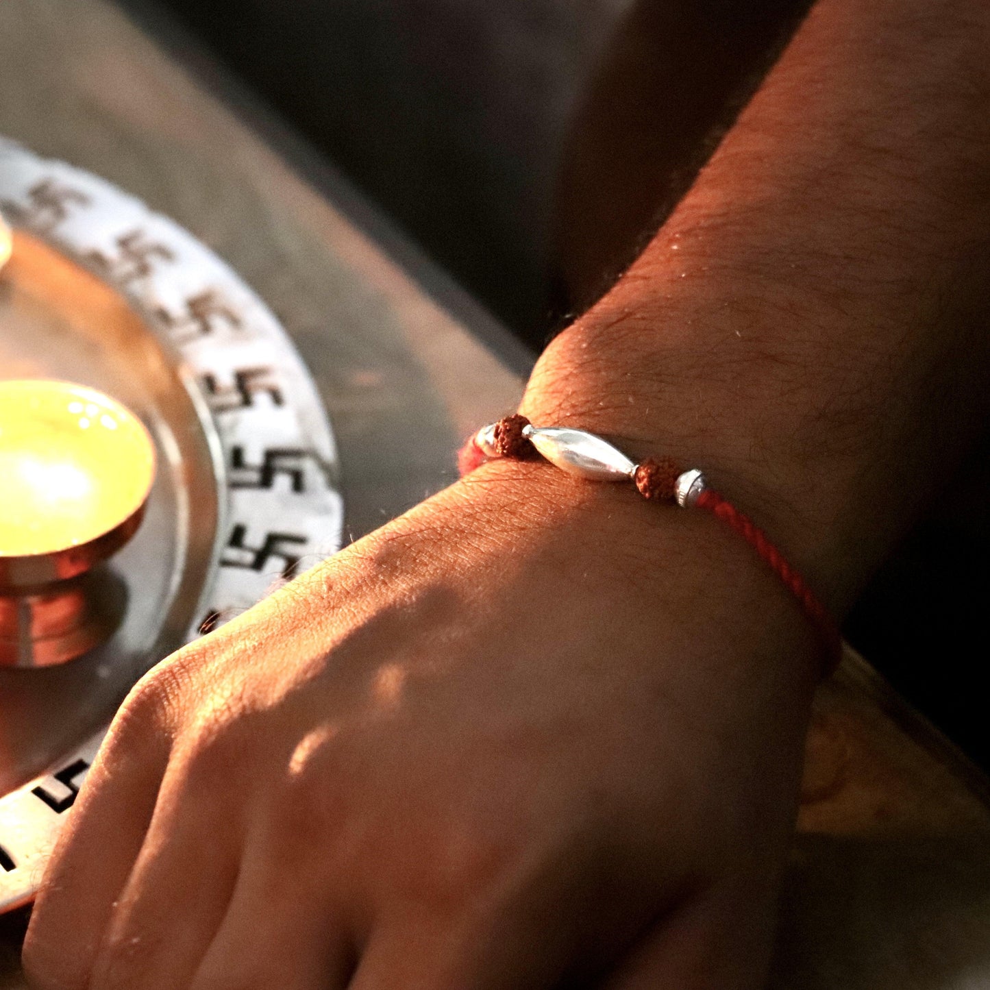 Handcrafted Silver Rice Grain & Rudraksh Rakhi - Smith Jewels