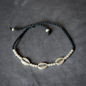 Tri-Silver Cowrie Black Thread Anklet