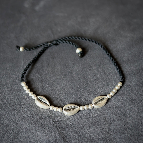 Tri-Silver Cowrie Black Thread Anklet