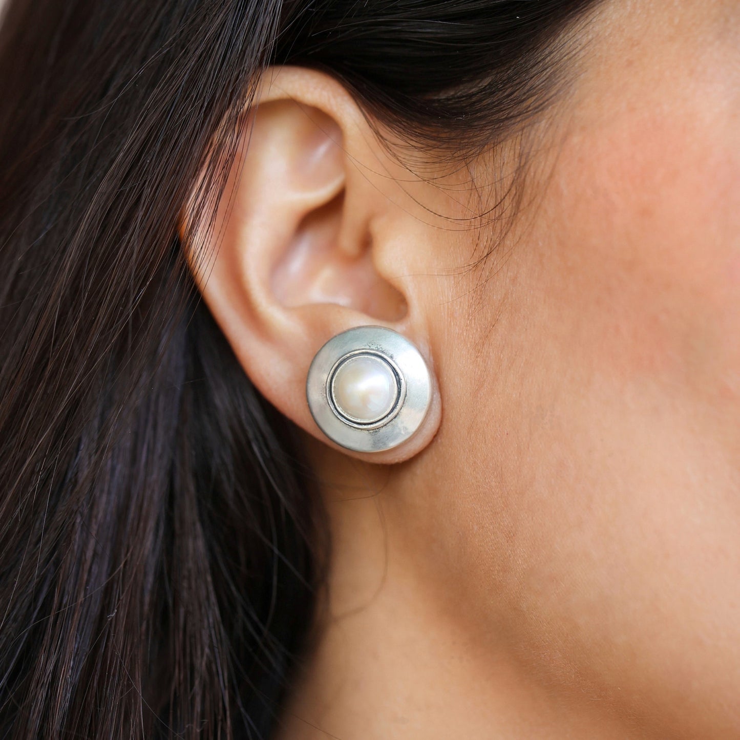 Silver Pearl Button Studs Earrings
