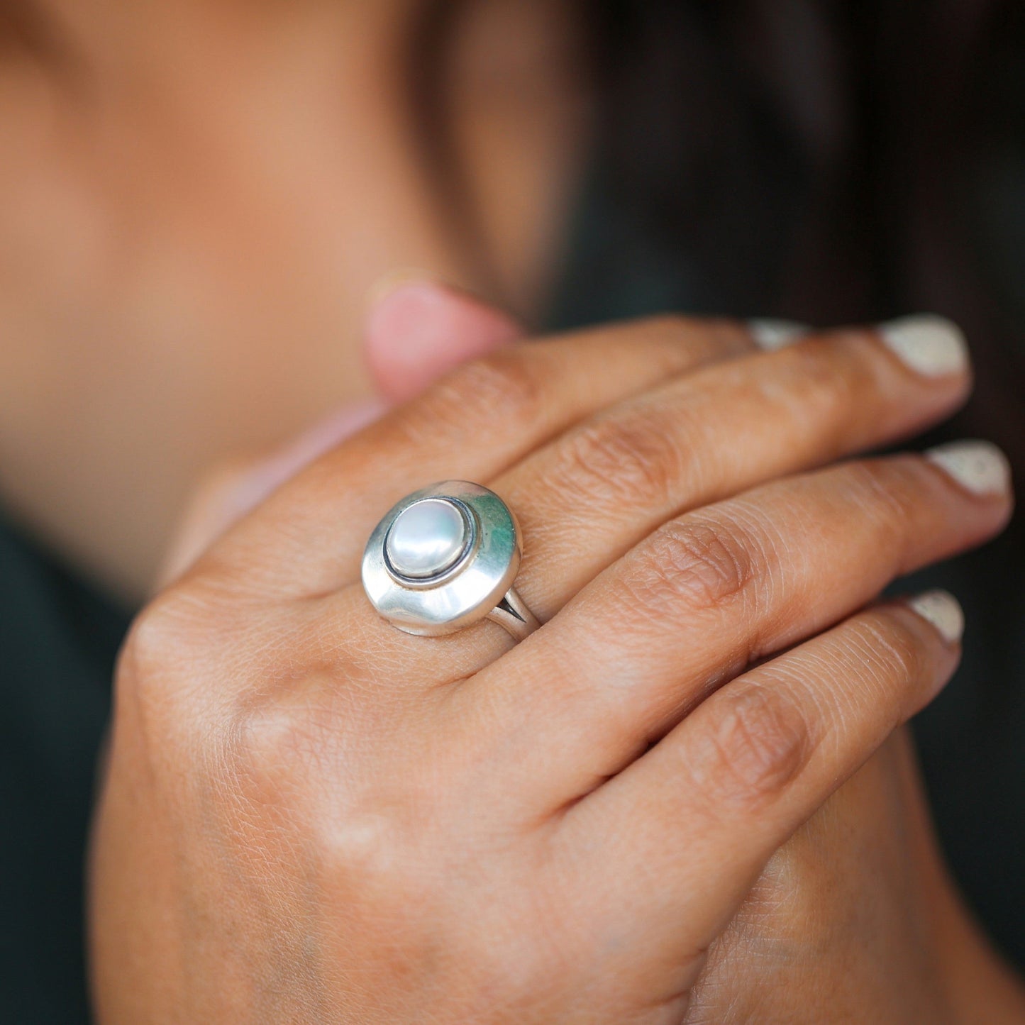 Silver Pearl Button Ring