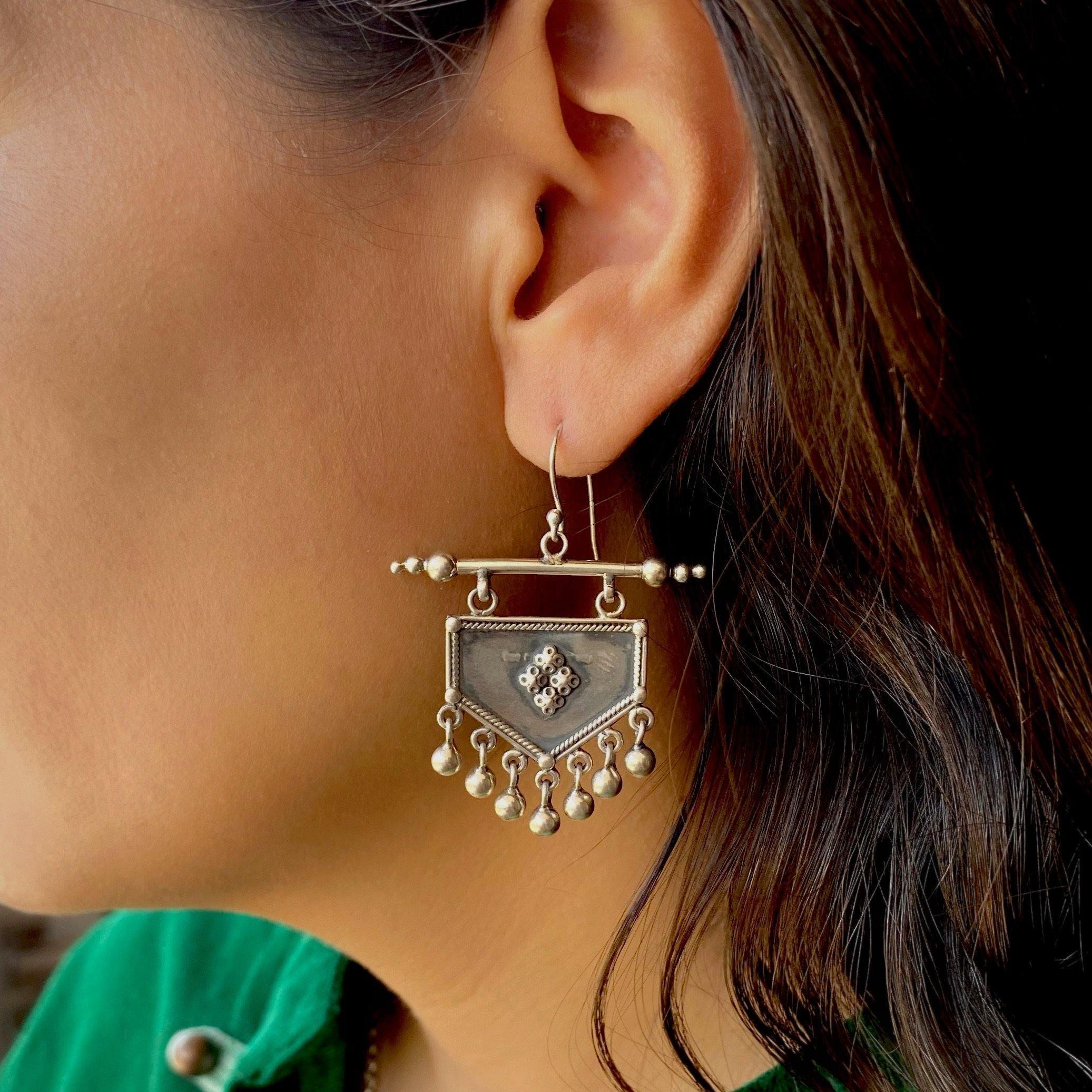 Victorian Antique Diamond Sapphire Ruby Gold Silver Long Handmade Dangle  Earring